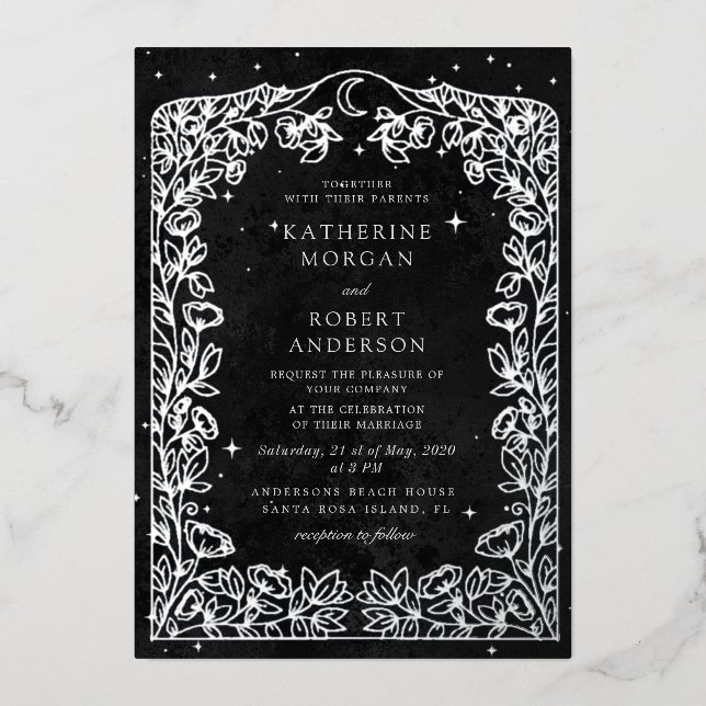 Invitation En Aluminium Mariage céleste de minuit noir étoiles lune (Recto)