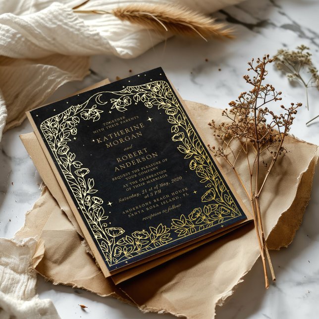 Invitation En Aluminium Mariage céleste de minuit noir étoiles lune (Créateur téléchargé)