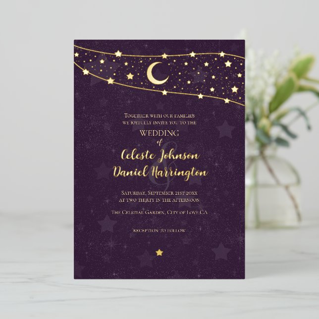 Invitation En Aluminium Mariage céleste Fancy Or Profond pourpre violet (Debout devant)