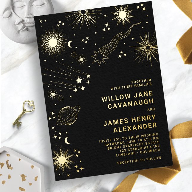 Invitation En Aluminium Mariage céleste noir (Black and Gold Celestial Wedding Foil Invitation
)