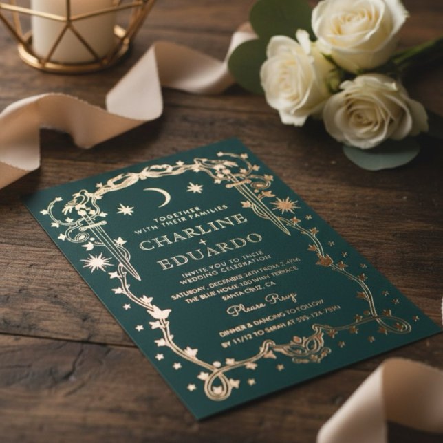 Invitation En Aluminium Mariage céleste orné vert de la forêt (Créateur téléchargé)