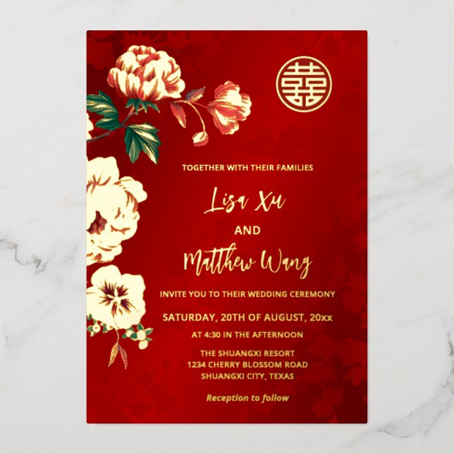 Invitation En Aluminium MARIAGE chinois BILINGUAL Peony Flower (Recto)