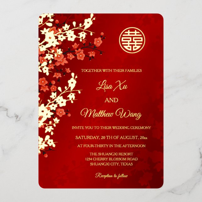 Invitation En Aluminium MARIAGE chinois BILINGUAL Red Gold Cherry Blossom (Recto)