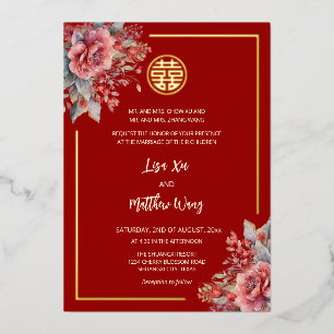 Invitation En Aluminium MARIAGE Chinois Roses Rouge Or BILINGUE