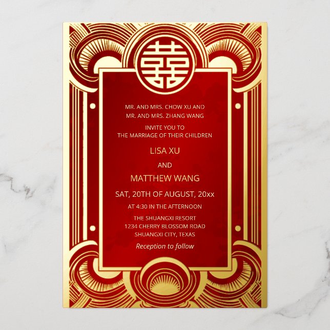Invitation En Aluminium MARIAGE chinois rouge BILINGUAL Gold Frame (Recto)