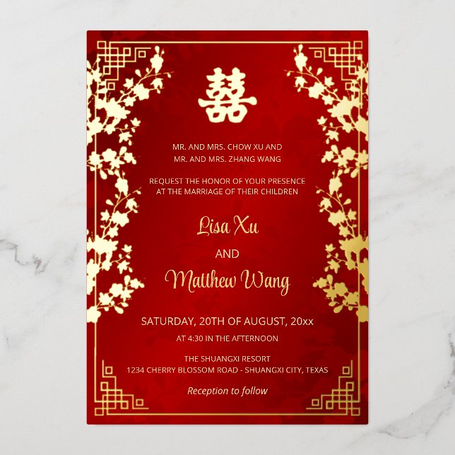 Invitation En Aluminium MARIAGE chinois rouge BILINGUAL Gold Frame (Recto)