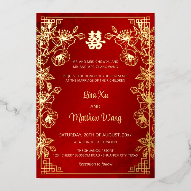 Invitation En Aluminium MARIAGE chinois rouge BILINGUAL Gold Frame (Recto)