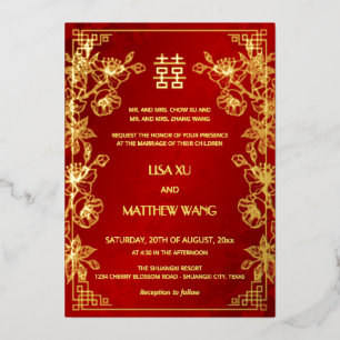Invitation En Aluminium Mariage Chinois Rouge Cadre Or BILINGUE