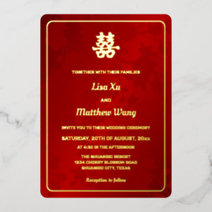 Invitation En Aluminium Mariage Chinois Rouge Floral Or