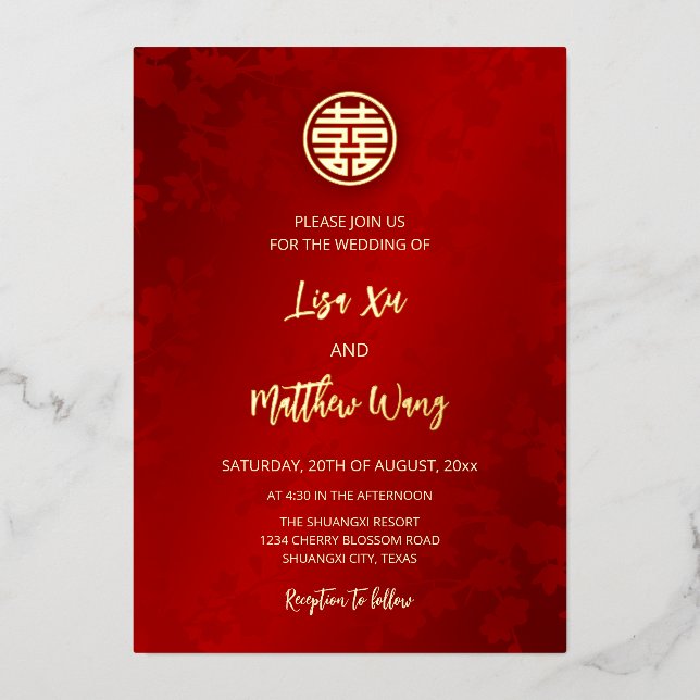 Invitation En Aluminium MARIAGE chinois rouge moderne BILINGUE (Recto)