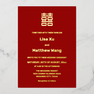 Invitation En Aluminium Mariage Chinois Simple Rouge Or Bilingue
