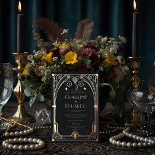 Invitation En Aluminium Mariage Classique Art Déco Élégant Noir Or 20s