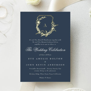 Invitation En Aluminium mariage classique bleu marine or monogramme blason