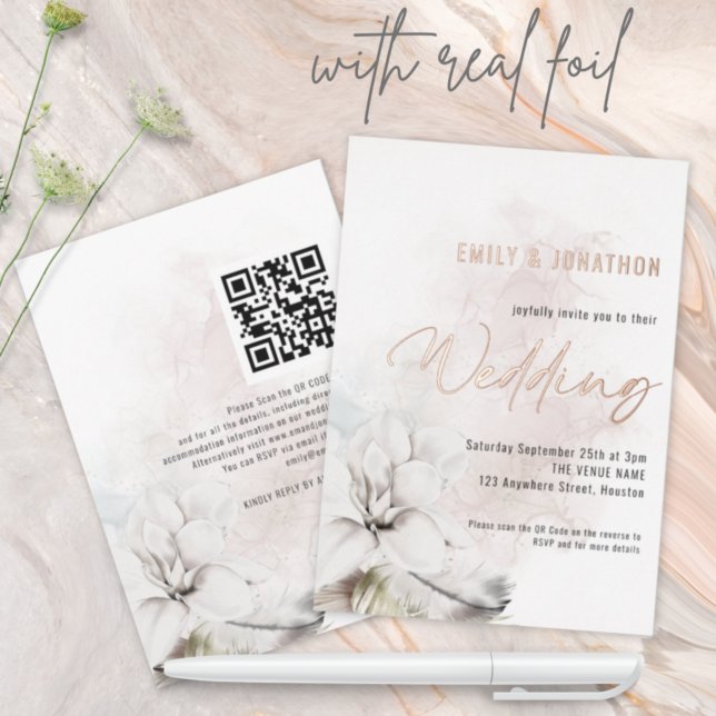 Invitation En Aluminium Mariage Code QR Fleurs Blanches Aquarelle Moderne (Créateur téléchargé)