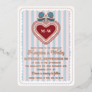 Invitation En Aluminium Mariage Coquette Bleu Rose Ruban Cœur Rayures