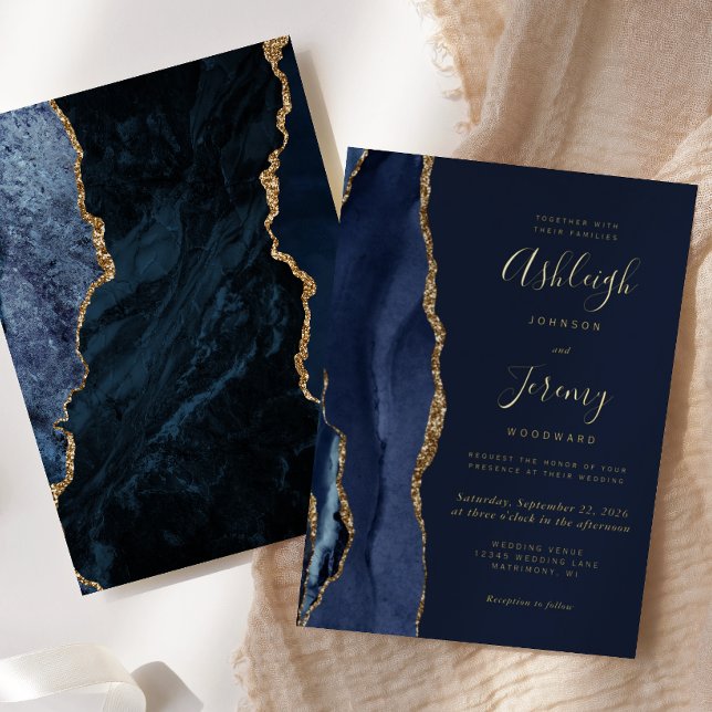 Invitation En Aluminium Mariage d'agate bleu de la Marine d'or moderne (Créateur téléchargé)