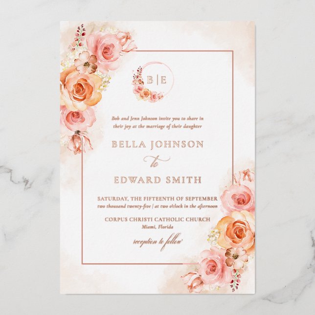 Invitation En Aluminium Mariage d'aquarelle florale automne (Recto)