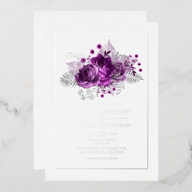 Invitation En Aluminium Mariage d'aquarelle prune et argent (Recto/Verso)