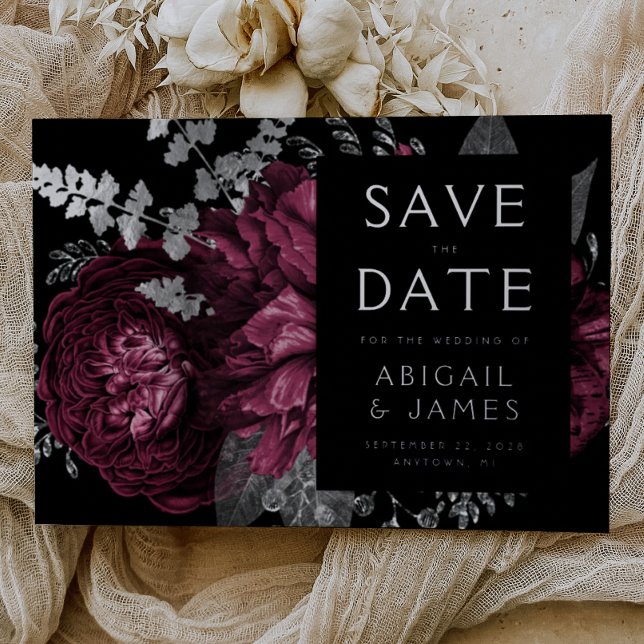 Invitation En Aluminium Mariage d'Argent à fleurs foncées en Bourgogne Enr (Créateur téléchargé)