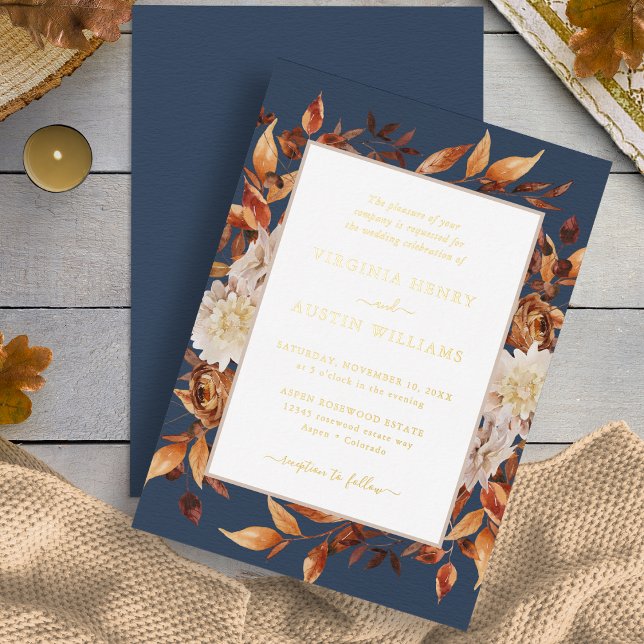 Invitation En Aluminium Mariage de automne de marine (Navy Blue Fall Watercolor Floral Gold Foil Wedding Invitation by Painted Paperie
)