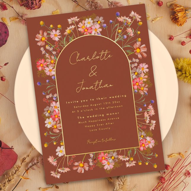 Invitation En Aluminium Mariage de automne fleur sauvage Burnt Orange Gold (Wildflower arch burnt Orange terracotta gold foil wedding invitation )