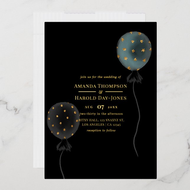 Invitation En Aluminium Mariage de ballon noir et or Glam moderne (Enveloppe)