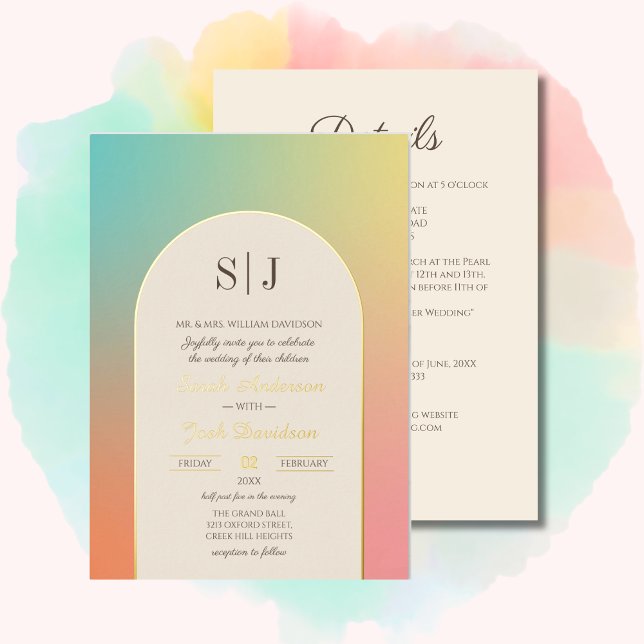 Invitation En Aluminium Mariage de cadre d'arc doré Pastel Gradient Retro (Créateur téléchargé)