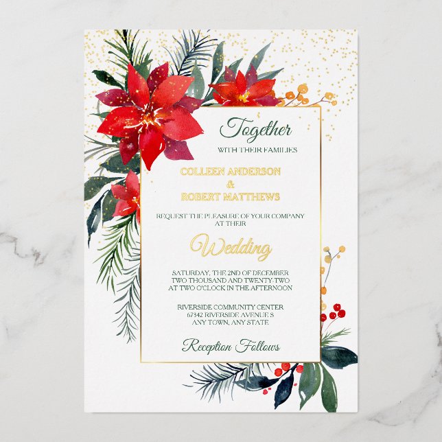 Invitation En Aluminium Mariage de cadre Or Rouge Poinsettia (Recto)