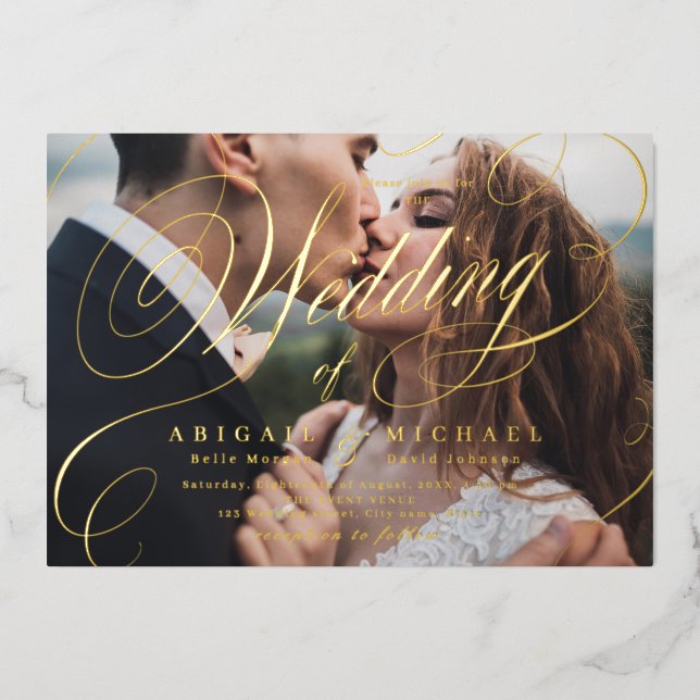 Invitation En Aluminium Mariage de calligraphie classique or (Recto)