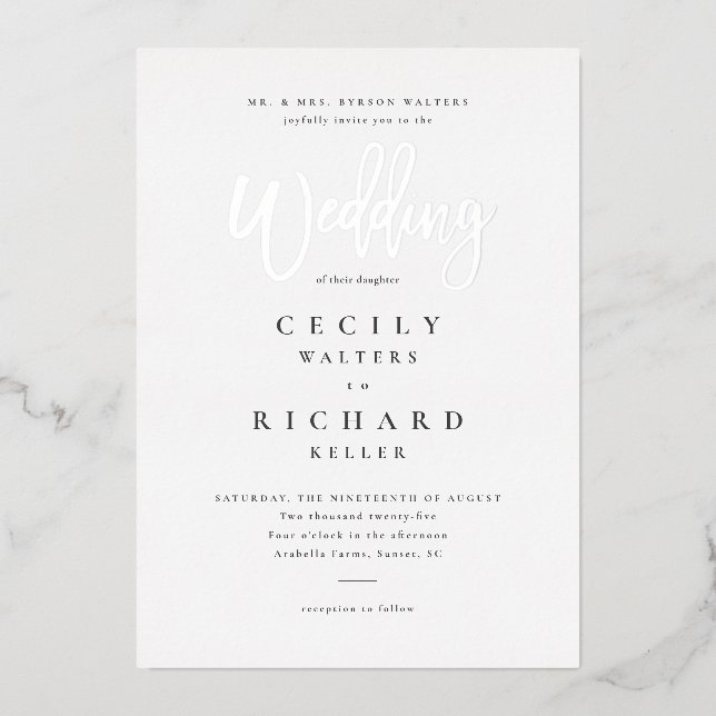Invitation En Aluminium Mariage de calligraphie moderne Silver (Recto)