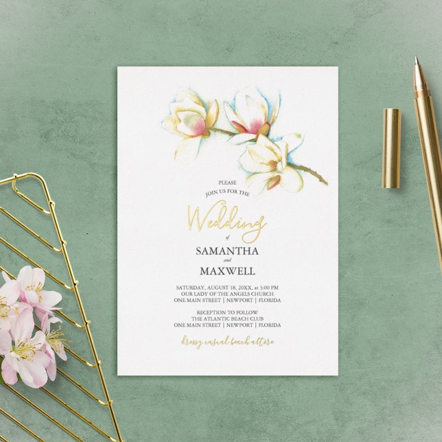 Invitation En Aluminium Mariage de couleur d'eau Magnolia blanche (Créateur téléchargé)