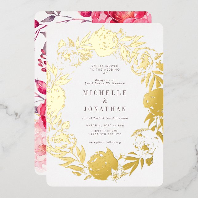 Invitation En Aluminium Mariage de couronnes à fleurs en or (Recto/Verso)