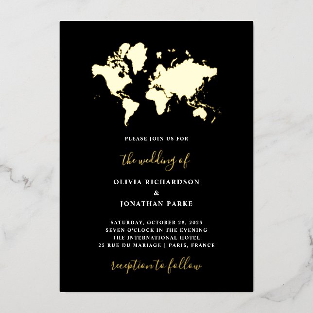 Invitation En Aluminium Mariage de destination | Black Elegant World Map G (Recto)