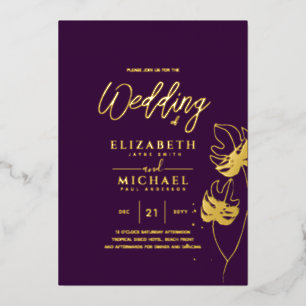 Invitation En Aluminium Mariage de destination de feuille tropicale d'or p