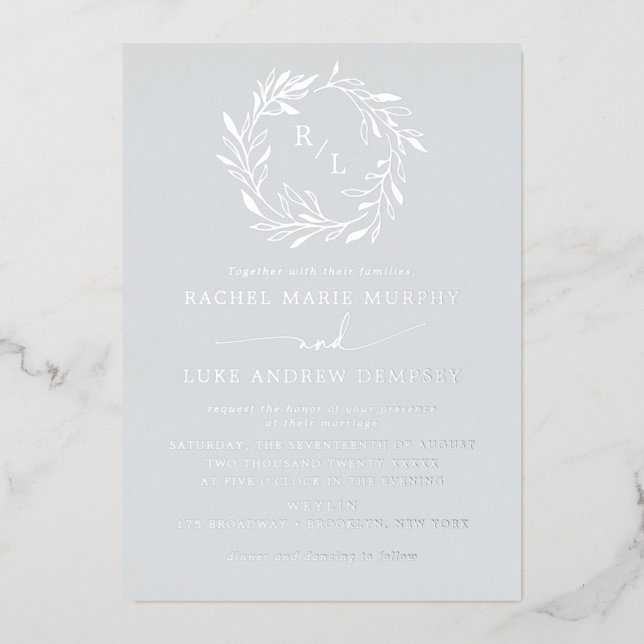 Invitation En Aluminium Mariage de gerbe de laurier botanique Monogramme (Recto)