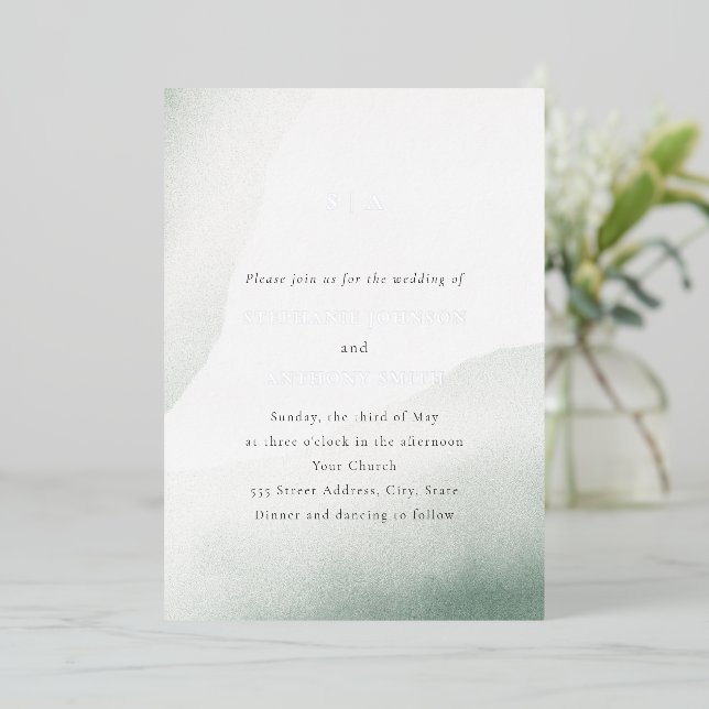 Invitation En Aluminium Mariage de lavage monogramme Sage vert Aquarelle (Debout devant)