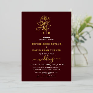 Invitation En Aluminium Mariage de luxe en or floral bordeaux profond mono