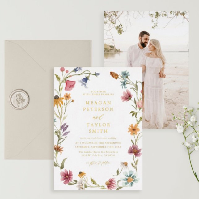 Invitation En Aluminium Mariage de mariage Gold Foil Fleur sauvage Garden (Créateur téléchargé)
