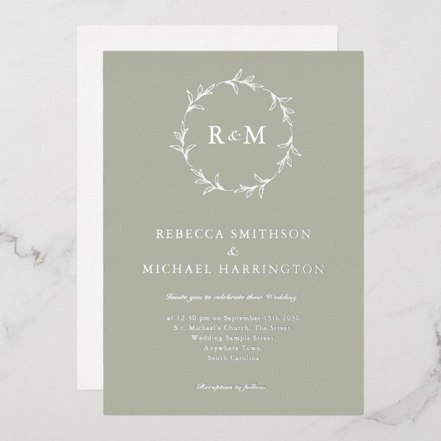 Invitation En Aluminium Mariage de monogramme de couronne d'argent vert Sa (Recto/Verso)