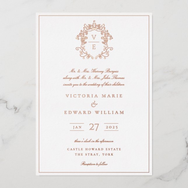 Invitation En Aluminium Mariage de monogramme de crête bleu poussiéreux (Recto)