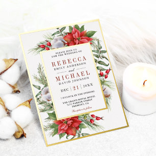 Invitation En Aluminium Mariage de Noël Floral Poinsettia Rustique