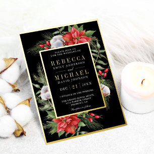 Invitation En Aluminium Mariage de Noël Floral Poinsettia Rustique Noir