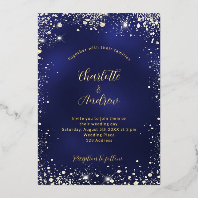 Invitation En Aluminium Mariage de parties scintillant en or bleu marine (Recto)