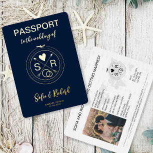 Invitation En Aluminium Mariage de passeport Destination Gold Foil Monogra