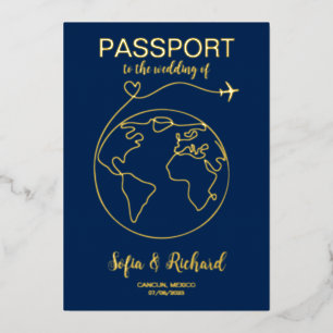 Invitation En Aluminium Mariage de passeport Destination Gold Foil World C