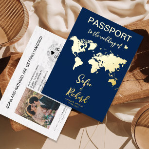 Invitation En Aluminium Mariage de passeport Destination Gold Foil World C