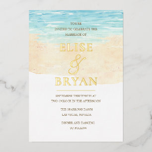 Invitation En Aluminium Mariage de plage à l'aquarelle moderne avec feuill