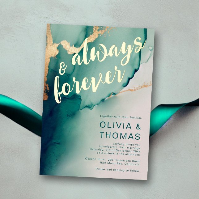 Invitation En Aluminium Mariage de plage Emerald Boho, toujours moderne (always forever emerald wedding invitation green waves gold modern romantic elegant bohemian chic)