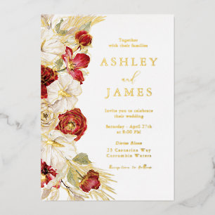 Invitation En Aluminium Mariage de roses rouges florales à feuilles d'or r