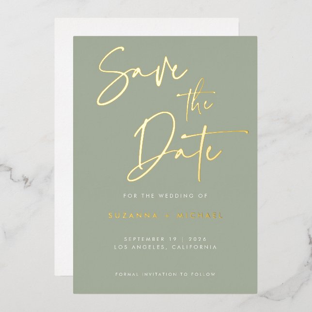 Invitation En Aluminium Mariage de script de calligraphie or Sage moderne (Recto/Verso)